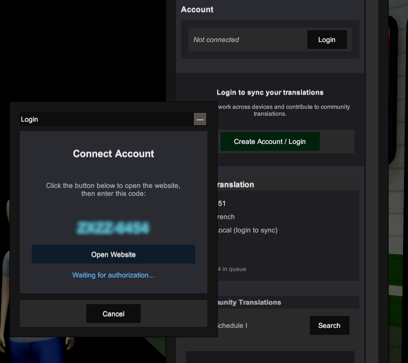 Login screen in the mod showing a code