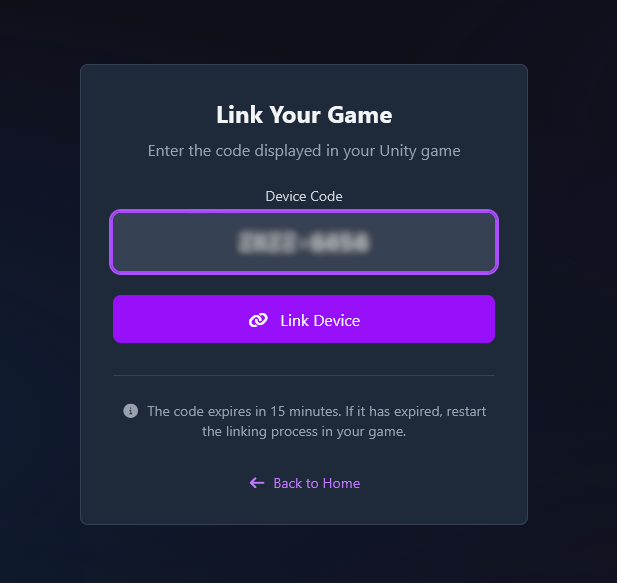 Website page to enter the code
